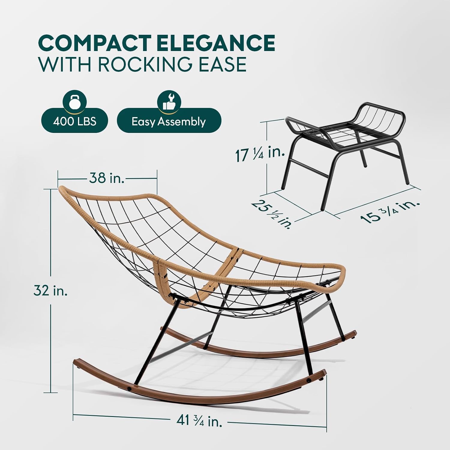 Bme Outdoor and Indoor Patio Rocking Chair with Ottoman, Wood Texture Rocker with Beige Cushion, 7'' Thick, 400lbs Capacity, Sturdy Construction, Ergonomic Design, Quick Assembly, Floor ensureor