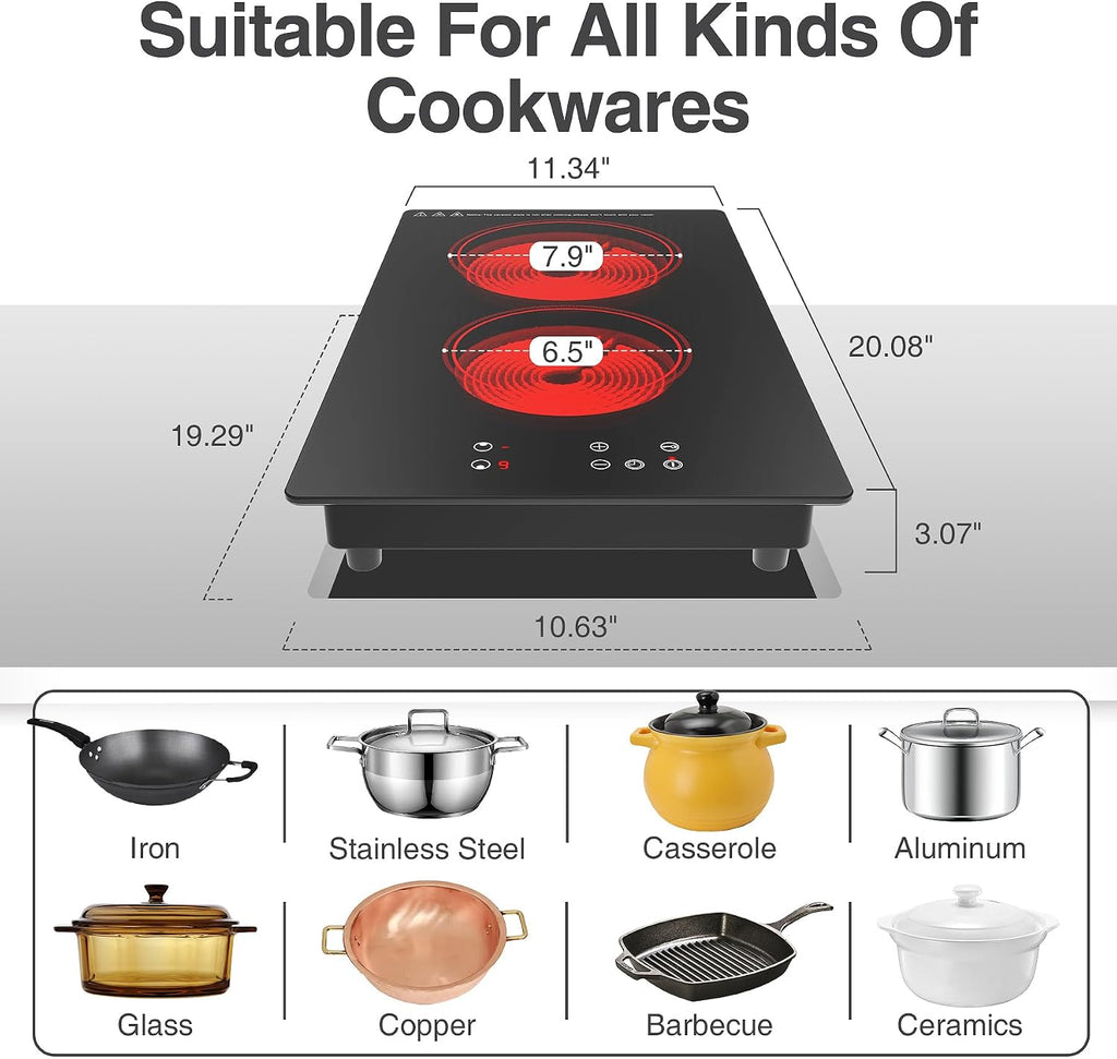 GIHETKUT Electric Cooktop,Built-in and Countertop Electric Stove Top, 2100W 110V Electric Burner 9 Heating Level, Timer & Kid Safety Lock, Sensor Touch Control 2 Burner Electric Cooktop.