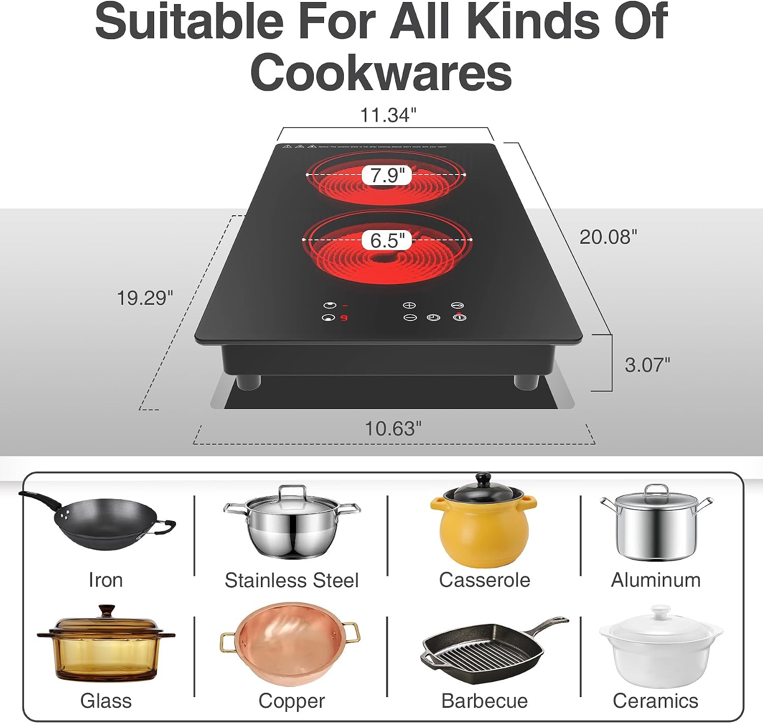 GIHETKUT Electric Cooktop,Built-in and Countertop Electric Stove Top, 2100W 110V Electric Burner 9 Heating Level, Timer & Kid Safety Lock, Sensor Touch Control 2 Burner Electric Cooktop.