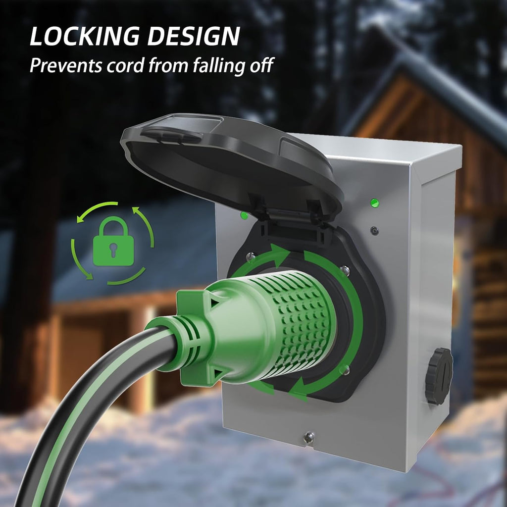 4 Prong 30 Amp Extension Generator Cord 100FT, NEMA L14-30P/L14-30R, 125/250 Volt Up to 7500 Watts, 10 Gauge SJTW Twist Lock Power Cord for Manual Transfer Switch, Black&Green, ETL Listed