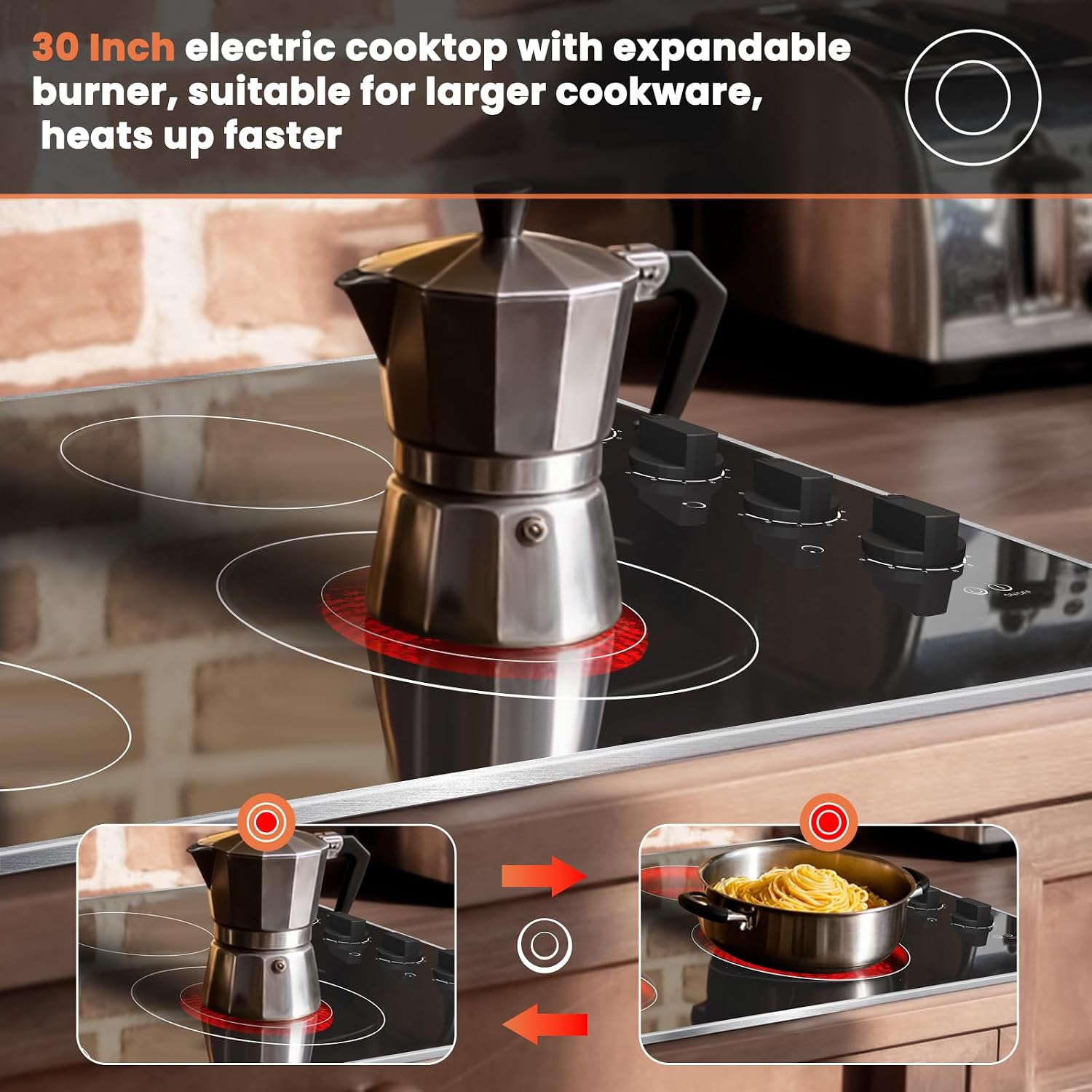 Noxton 30 Inch Electric Cooktop, 4 Burner Ceramic Cooktop with Glass Protection Metal Frame & Knob Control, Built-in Radiant Stove Top, Dual Ring Expandable Burner, 240V Hardwired for Seniors