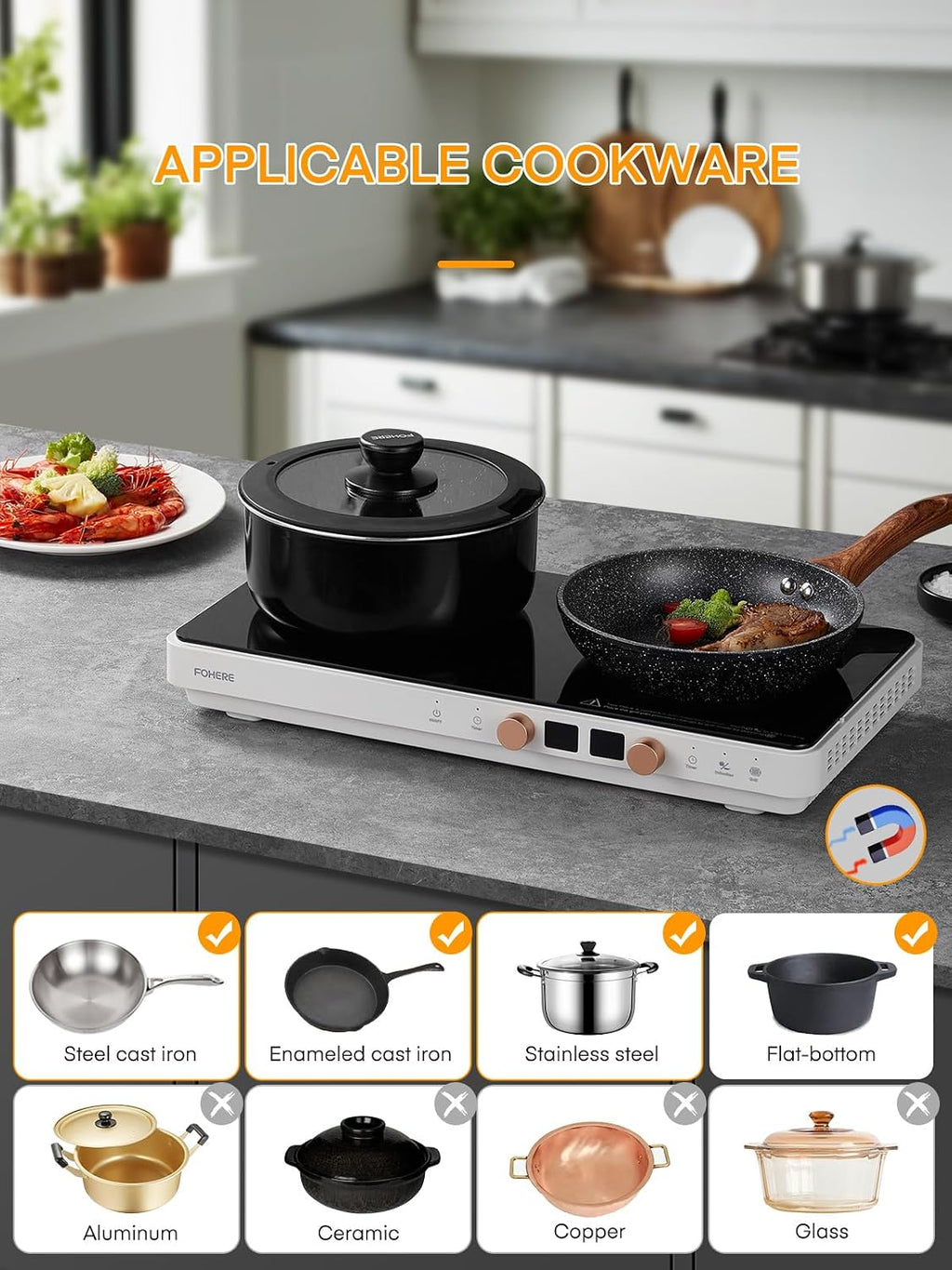 Induction Cooktop 2 Burners, Double Induction Griddle Cooktop 1800W with Removable Iron Cast Griddle Pan Non-stick, Independent Temperature Control, 8 Power Levels, 99 Min Timer for Magnetic Cookware