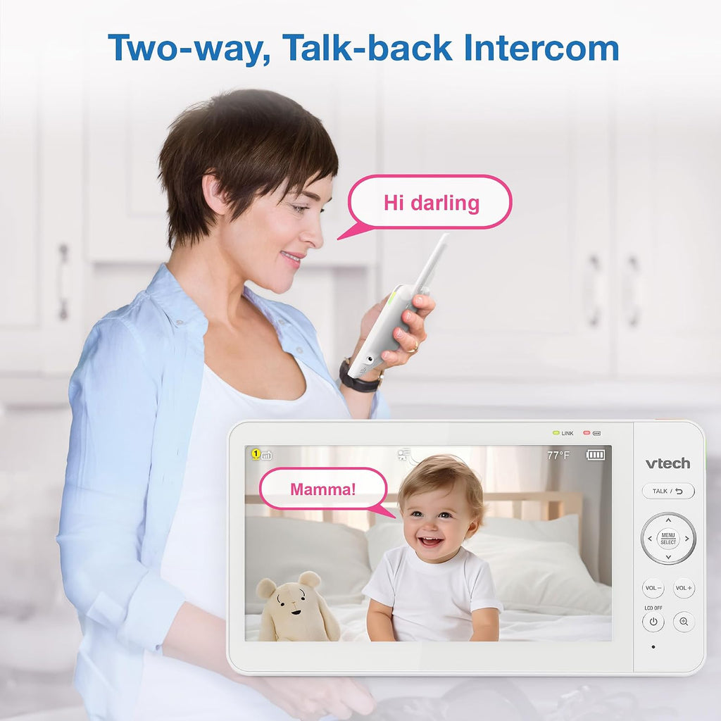 VTech Advanced HQ Max Twin 7' Digital Video 2-Cameras Baby Monitor with Pan Tilt Zoom, Long Battery Life 5000mAh, IPS Screen, Adaptive Multi-Color Night Light, 2-Way Talk, HQ Display, No WiFi, White