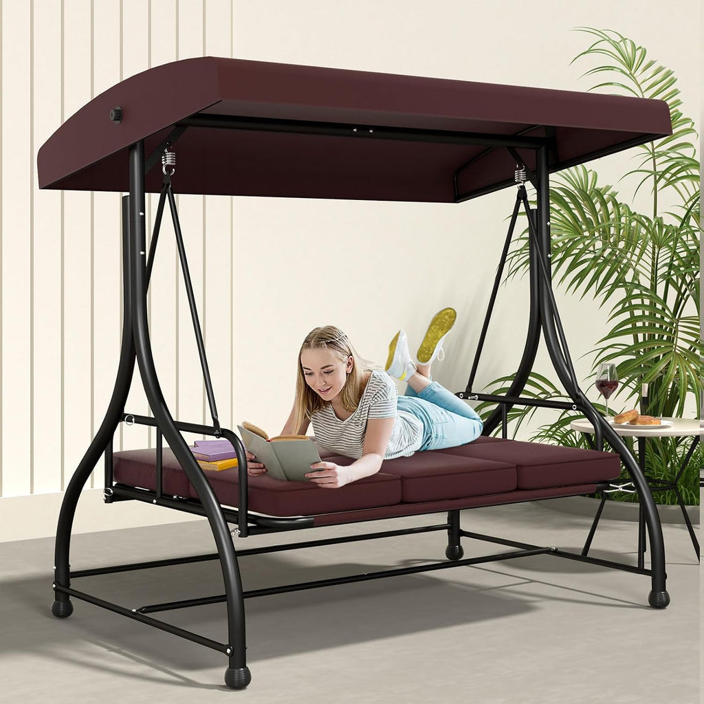 3 Seat Outdoor Porch Swing with Stand, 760 lbs Capacity Heavy Duty Patio Glider Swings for Adults, Convertible 2 in 1 Patio Swings Bed with Adjustable Canopy & Thick Cushions for Garden Yard