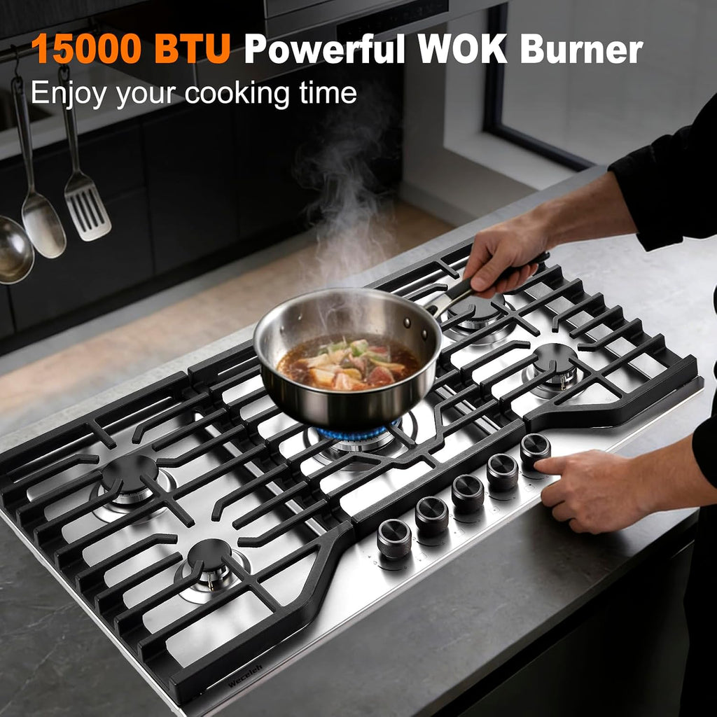 36 Inch Built-in Gas Cooktop 5 Italy SABAF Sealed Burners 40400 BTU Stainless Steel NG/LPG Convertible Cast Iron Grates ETL Certified