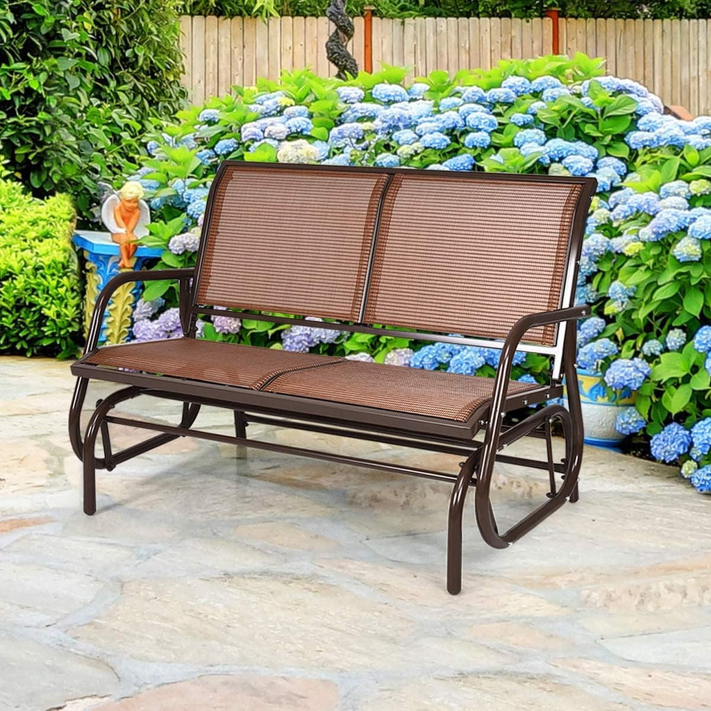 Giantex Swing Glider Chair 48 Inch with Spacious Space, 2 People Lounge Cozy Patio Bench Outdoor & Indoor for Patio, Backyard, Poolside, Lawn Steel Rocking Garden Loveseat (Brown)
