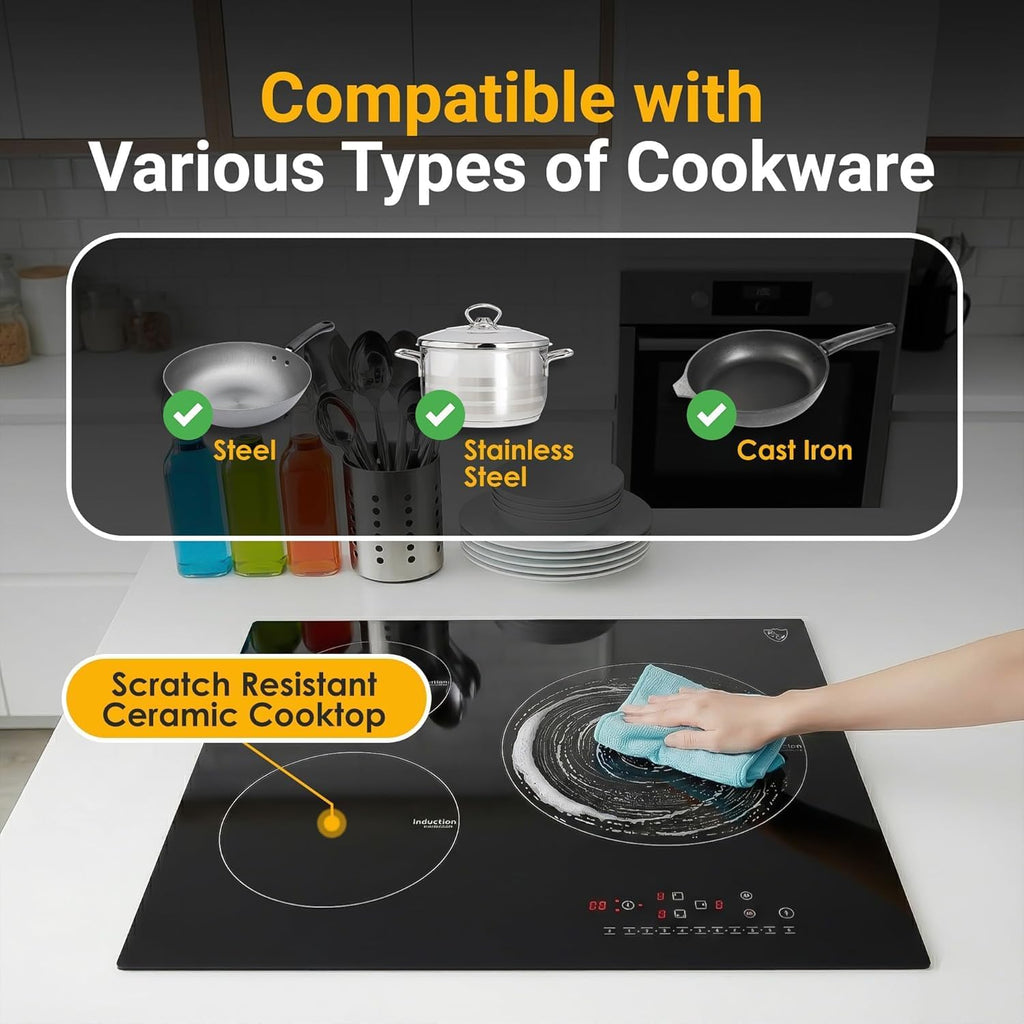 K&H 3 Burner Induction Cooktop - 24 Inch Built-In Electric Cermic Stove Top - 9 Heating Levels, 240V, 6000W High-Power Built-in Electric Stove Top - Child Lock, Timer & Touch Control - IN24-6803TB