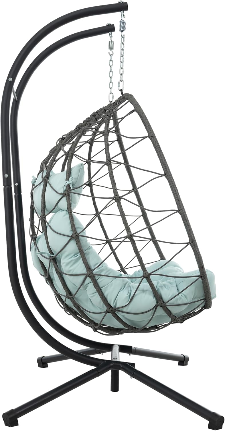 2 - Person Hanging Egg Chair with Stand, Steel Frame, for Outdoor & Indoor Use Double Wicker Egg Chair for Patio, Garden, or Balcony Blue