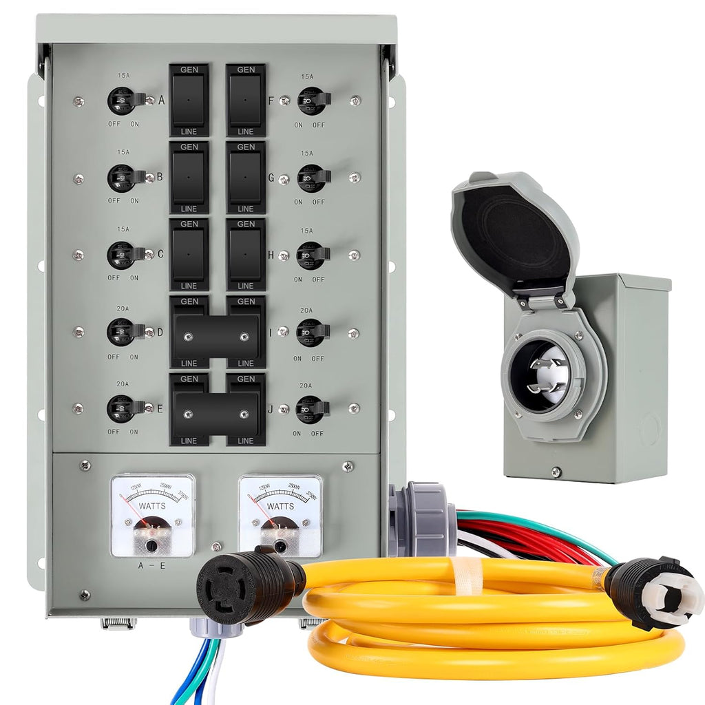 30 Amp Generator Transfer Switch Kit,10-Circuits, 7500W, Indoor&Outdoor, NEMA 3R, Include 10 Foot Cord and 30 Amps Inlet Box, Easy to Install,5 Years Warrnaty