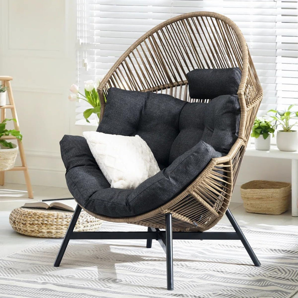 Bme Heavy Duty 500 Lbs Capacity Wicker Egg Chair for Outside & Indoor, UV 2000 Hours Material with Flame Retardant Tested Cushion, Durable Against Water, Weather, Black Base
