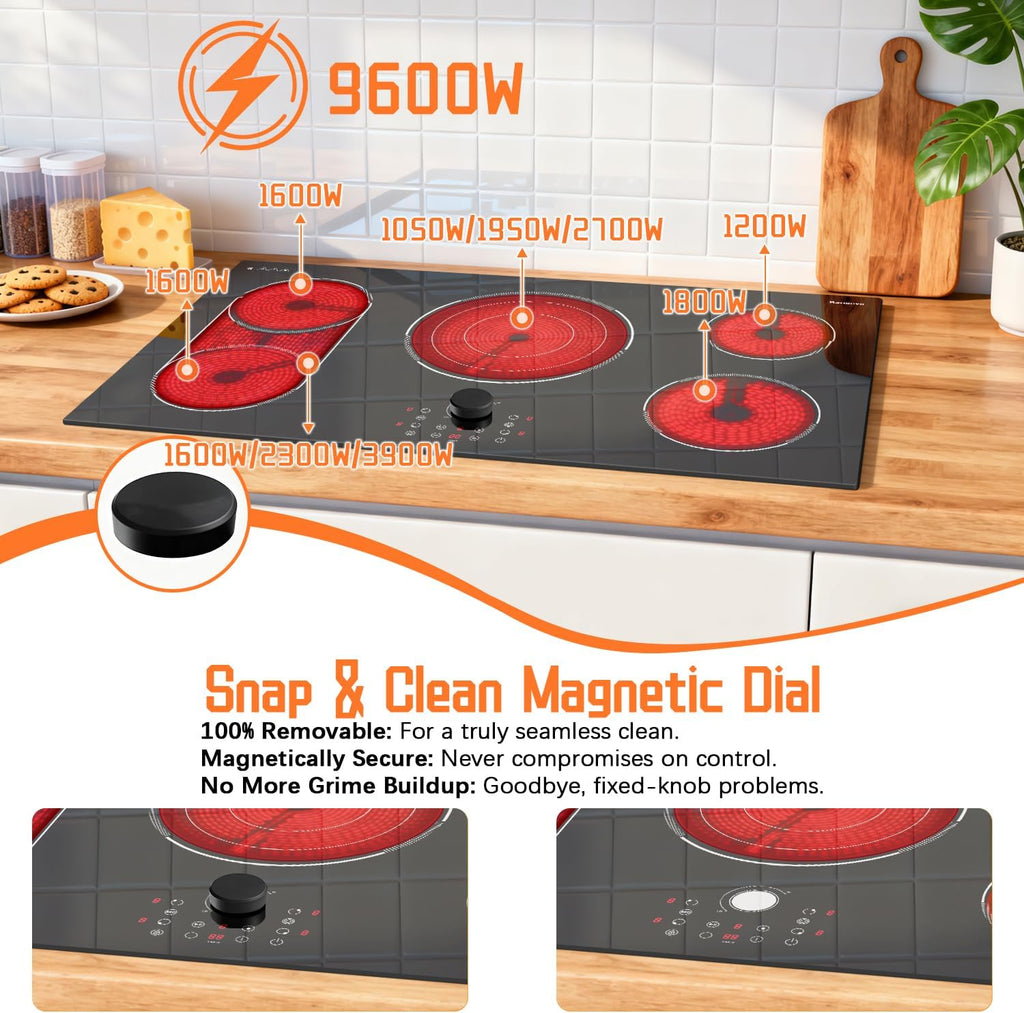 36 Inch Electric Cooktop, 5 Burner Stove Top 9600W, Built in Electric Cooktop 36', Magnetic Knob, Three-ring Burner & BBQ, Timer, Safety Lock, Pause, 220V-240V Hard Wire (No Plug)