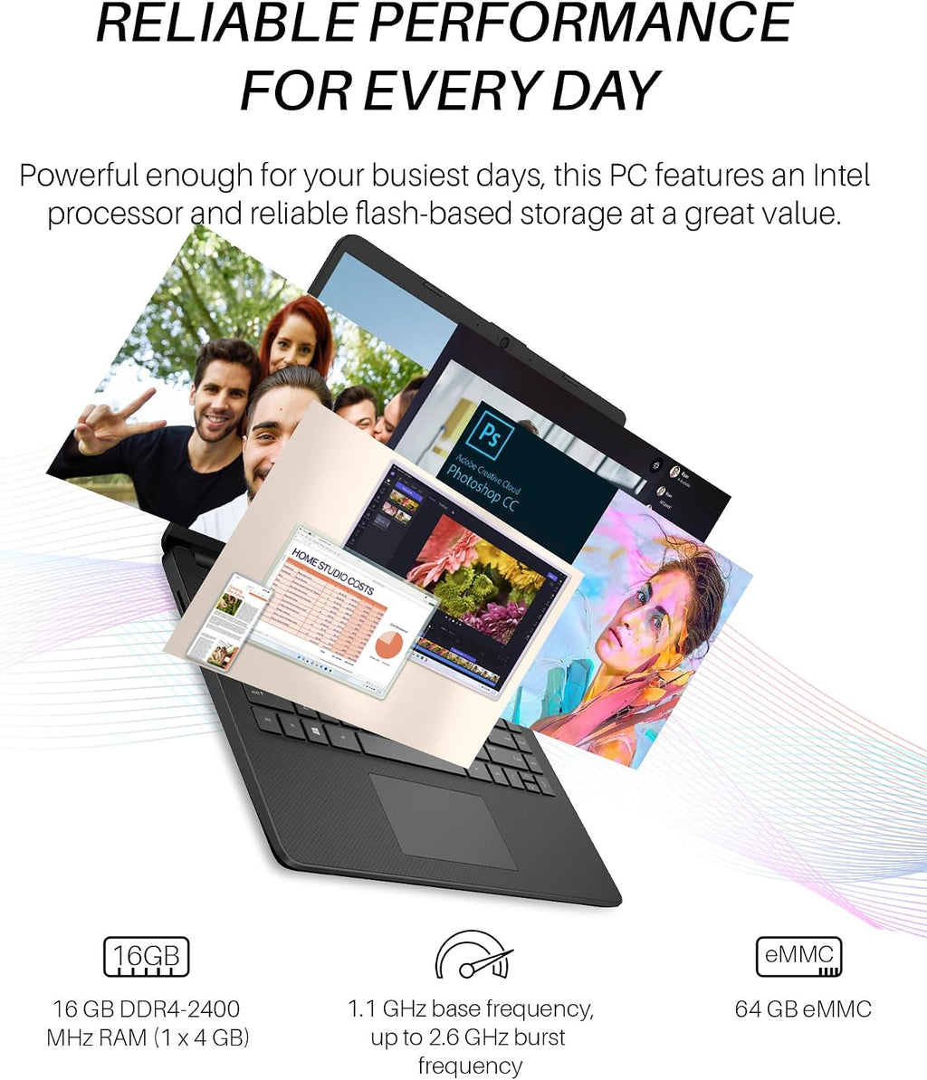 HP 14 inch Laptop Student Business, Intel Celeron CPU, 16GB RAM, 384GB Storage(128GB eMMC+256GB MSD), 1 Year Office 365, Intel UHD Graphics, Portable and Lightweight, Windows 11 Pro, W/Mouse