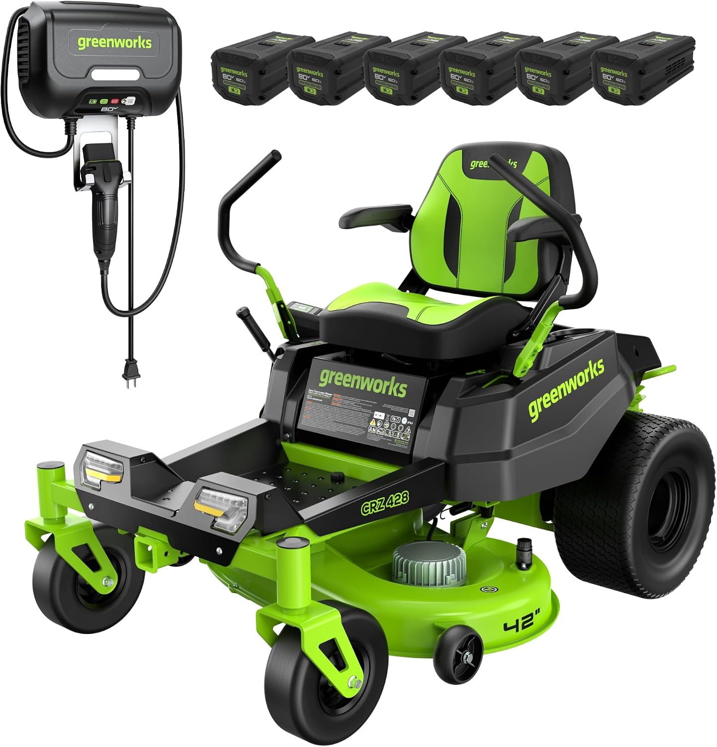 Greenworks 80V 42' CrossoverZ Zero Turn Riding Lawn Mower, (6) 6.0Ah Batteries and 600W Charger