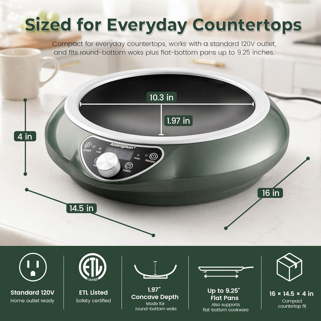 1700W 120V Concave Induction Wok Cooktop, 9.25-Inch Coil, Steady Low-Heat Control, 16 Power Levels, ETL Listed Portable Countertop Burner for Round-Bottom Woks & Flat-Bottom Pans