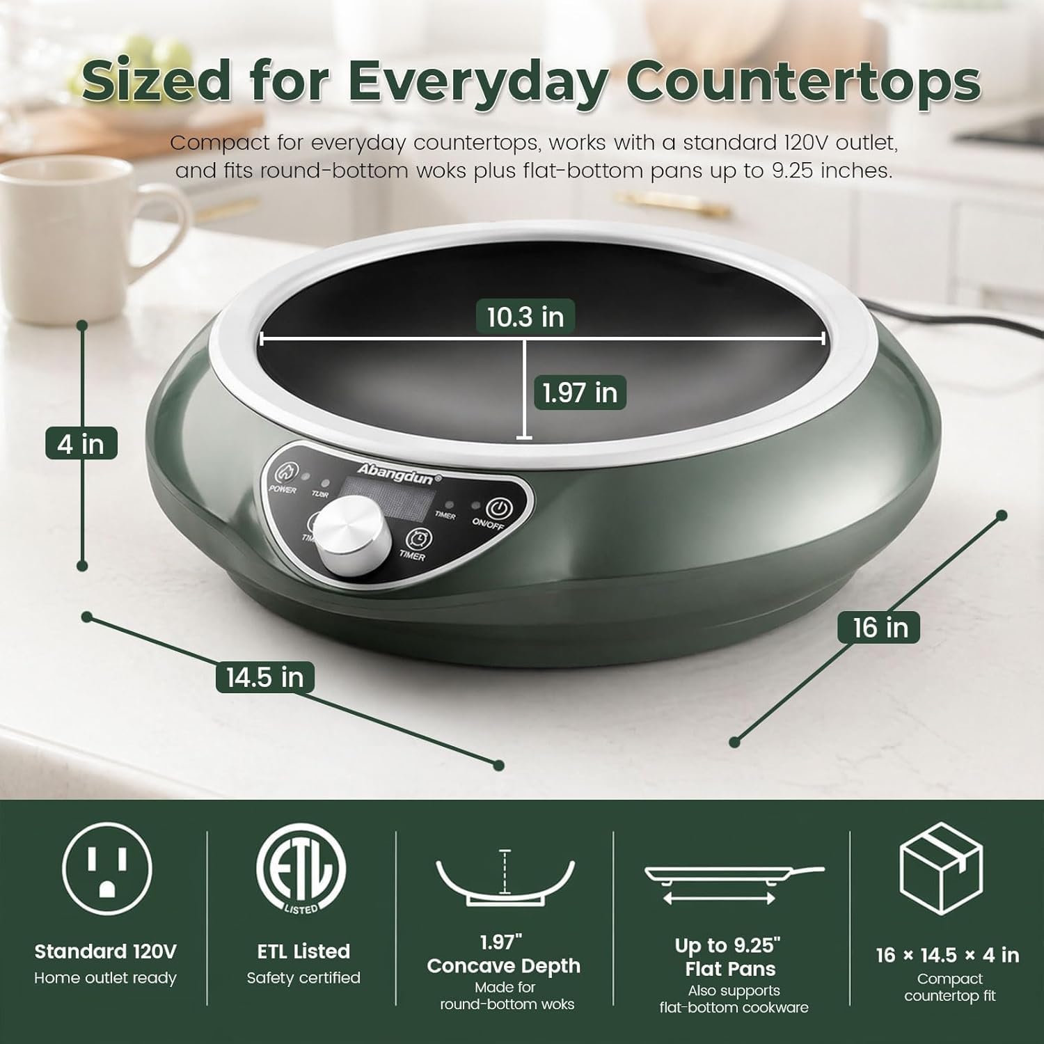 1700W 120V Concave Induction Wok Cooktop, 9.25-Inch Coil, Steady Low-Heat Control, 16 Power Levels, ETL Listed Portable Countertop Burner for Round-Bottom Woks & Flat-Bottom Pans