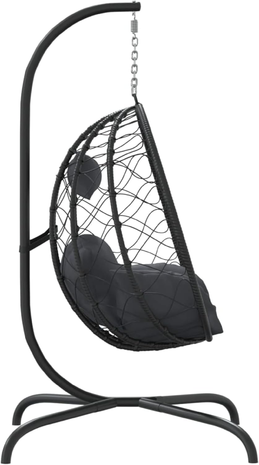 Outdoor Hanging Egg Chair Swing, Gray Cushions, Black Poly Rattan, Steel