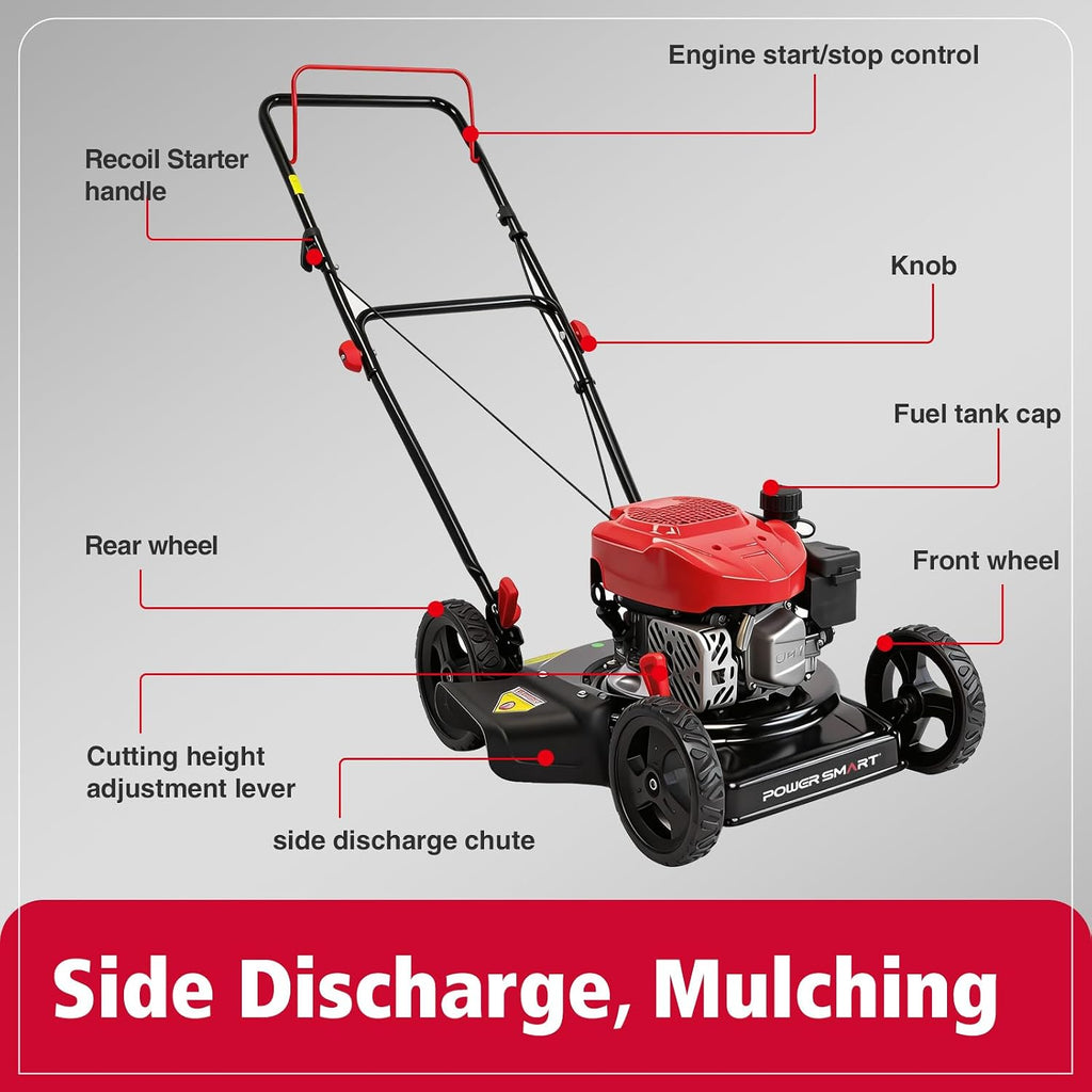 PowerSmart EasyCut 18' 144cc Gas Lawn Mower, Heavy-Duty Steel Deck, Side Discharge, 5-Position Height Setting, 2-in-1 Walk-Behind Push Mower with Side Discharge