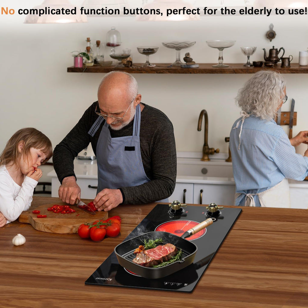 Karinear 110V Electric Cooktop 2 Burners Electric Stove 12 Inch Knob Control Countertop & Built-in Ceramic Cooktop, 9 Heating Level, Hot Warning, Over-Temperature Protection(Gold Knob)