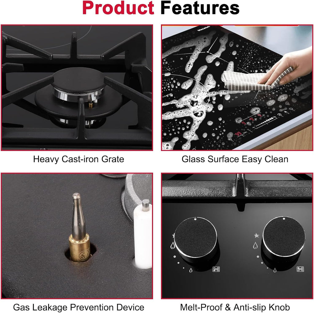 30 Inch Hybrid Gas and Induction Combo Cooktop, Built-in 5 Burners (2 Gas+3 Induction), 12000 BTU Boost, Safety Lock & Grill Bridge Mode, Drop-in Cooktop for Kitchen, 6700W