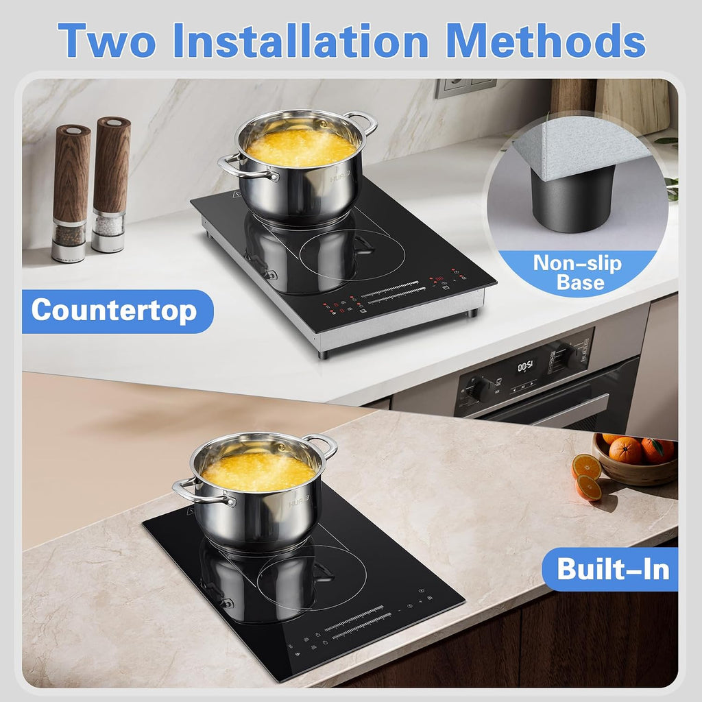 12 Inch Induction Cooktop 2 Burners, 120V 1800W Electric Stove with Bridge Function & 9 Power Levels, Built-in/Countertop Induction Burner for Kitchen, RV, Outdoor Camping