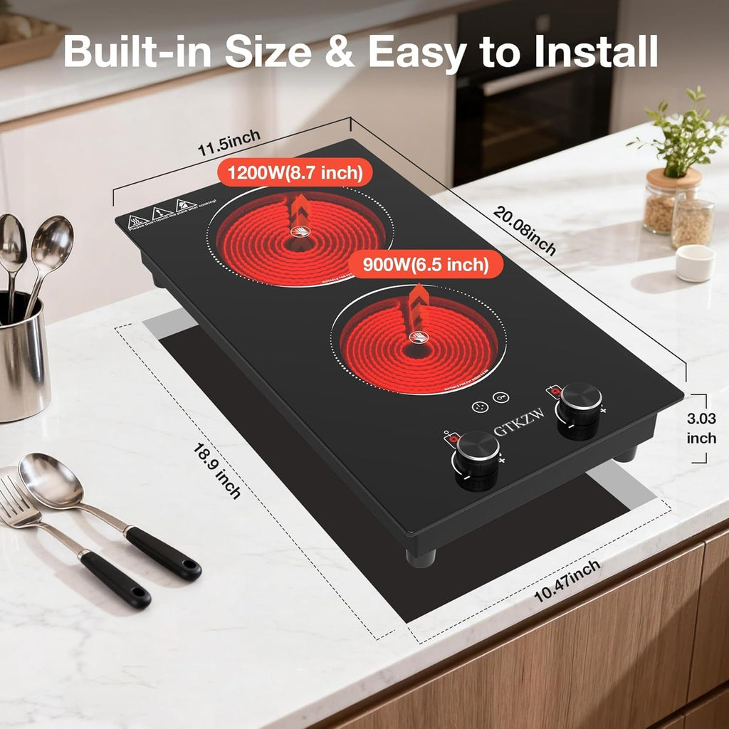 2100W Electric Cooktop 2 Burner: Electric Stove 110v-120v Hot Plate, Knob Control Countertop & Built-in Ceramic Cooktop 9 Power Levels, Child Lock, Timer, Suitable for all Pans