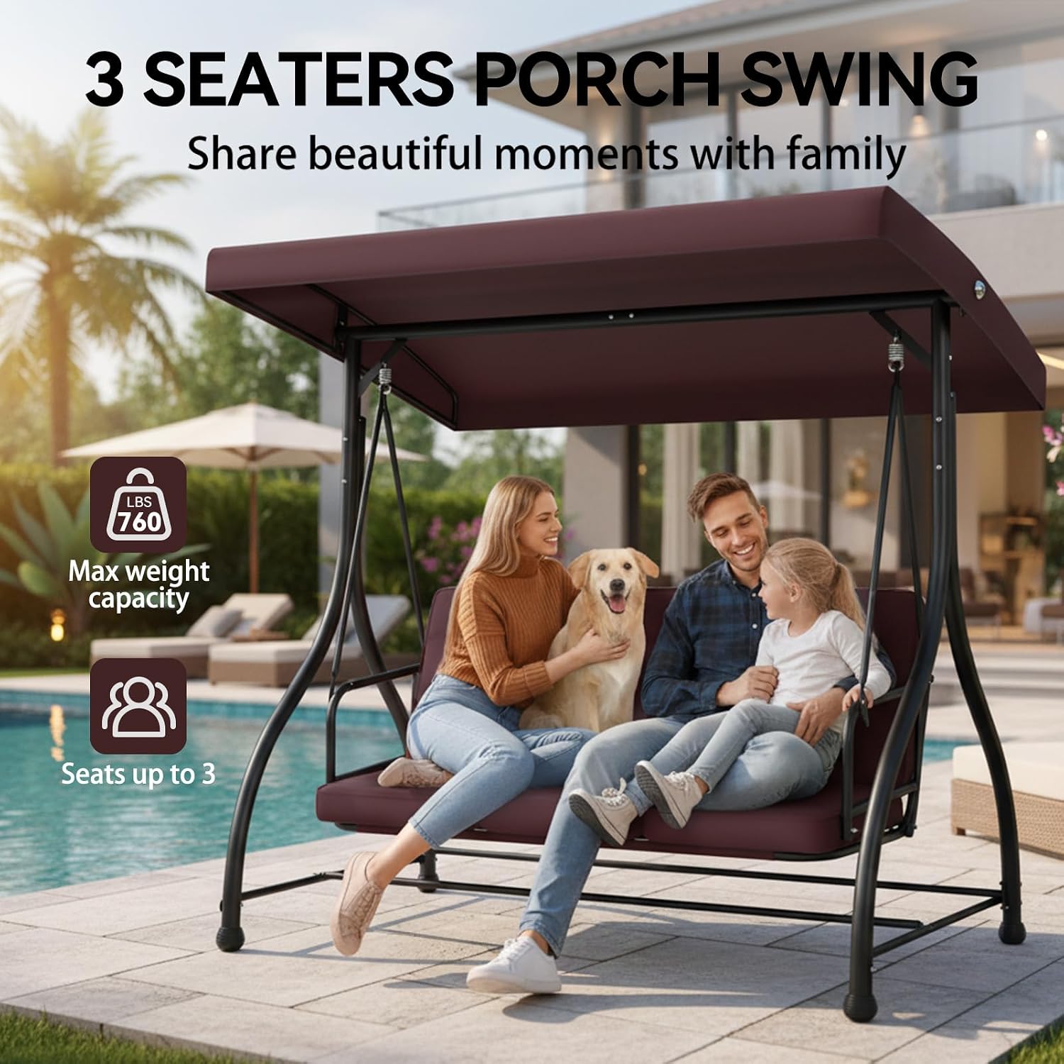 3-Seat Outdoor Patio Swing Glider - Heavy Duty Steel Frame with Adjustable Canopy & Removable Cushions - All Weather Porch Swings Chair for Backyard, Garden, Poolside - Brown