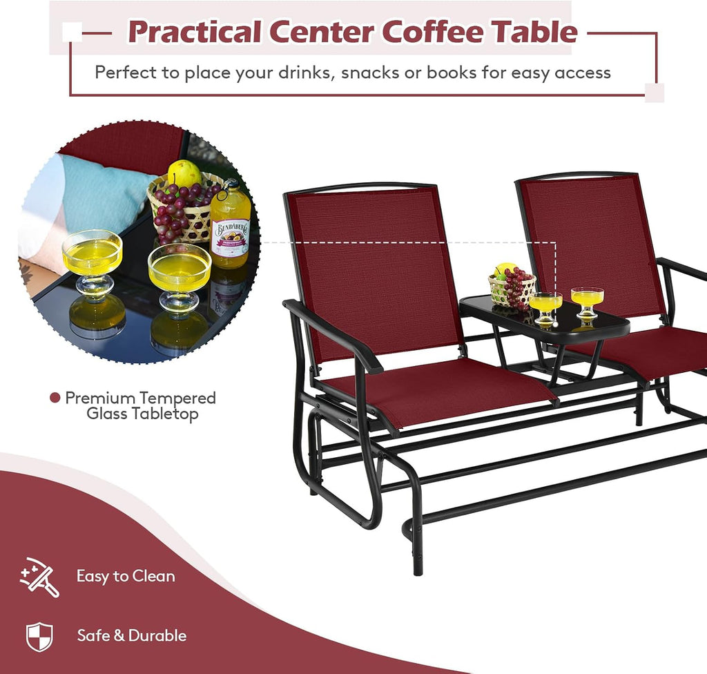 Tangkula 2 Person Swing Glider Chair, Patio Rocking Loveseat w/Center Tempered Glass Table, Outdoor Swing Bench w/Steel Frame & Breathable Mesh Fabric for Porch, Balcony, Poolside (Burgundy)