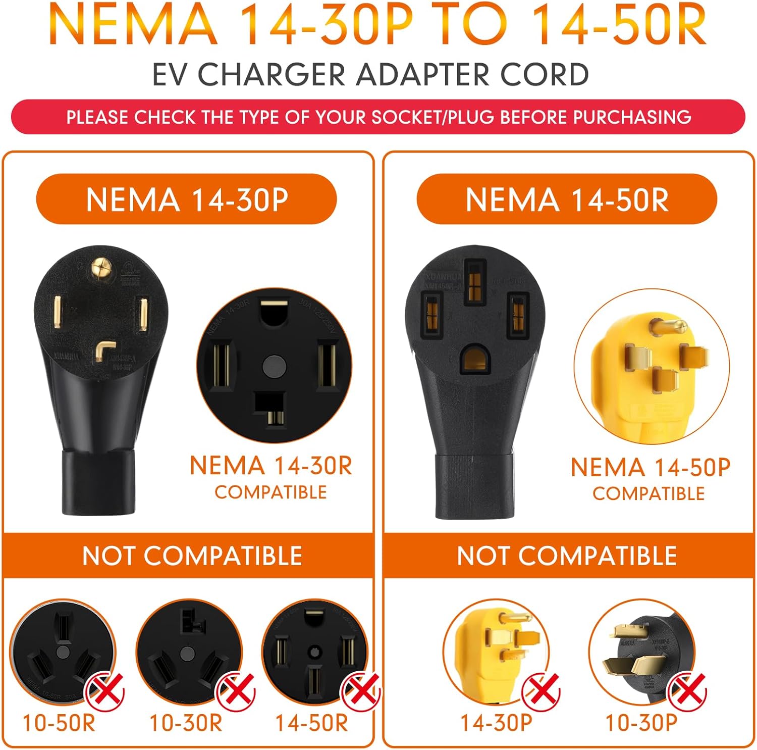 Tellegloww 25FT NEMA 10-50P to 14-50R EV Charger Adapter Cord, 50 Amp Stove Range to EV for Level 2 Charging, Only for 3 Prong Older Stove Range Outlet, STW 8 AWG/3C, ETL Listed