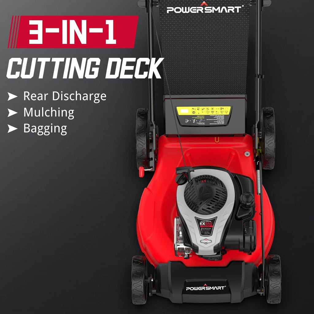 PowerSmart Gas Lawn Mower 21-Inch with 140cc B&S E550 Engine, 3-in-1 with Bagging, High Wheels, Lightweight, Easy Assembly, Cordless Push Lawn Mowers for Garden Yard