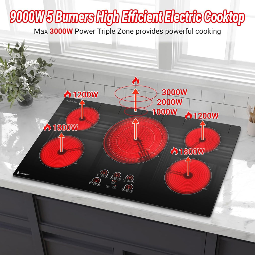 AMZCHEF Electric Cooktop 36 Inch,5 Burners Built-in Electric Stove Top,Max 9000W Ceramic Glass Countertop with Touch Control,9 Heating Level,Max 3000W Triple Zone,Safety Lock