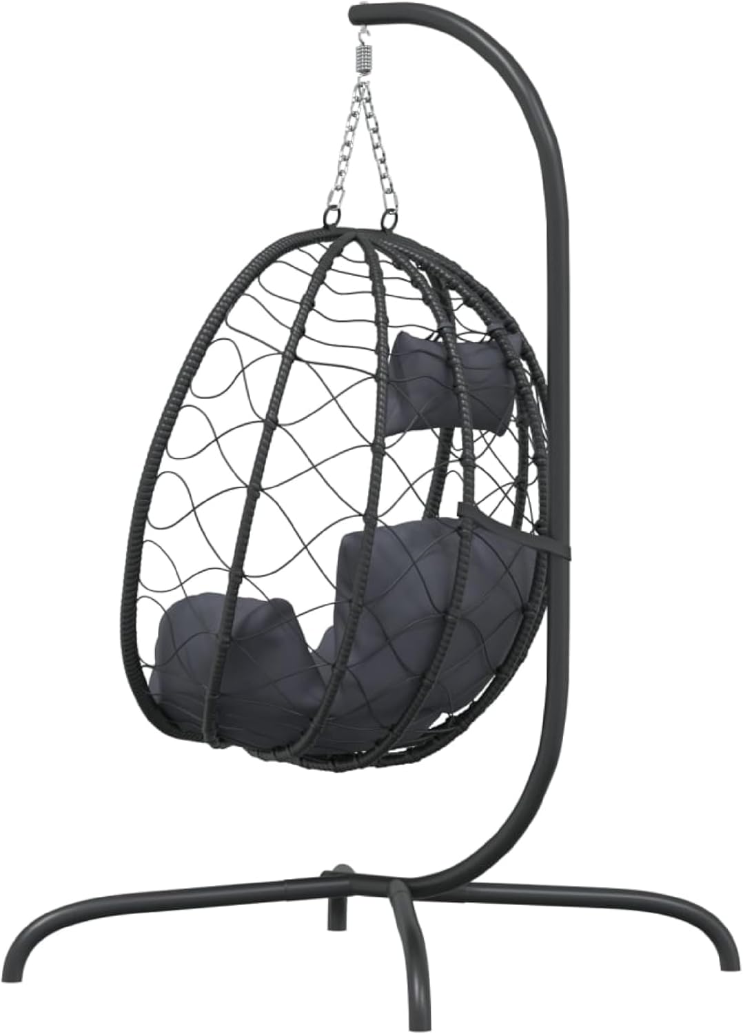 Outdoor Hanging Egg Chair Swing, Gray Cushions, Black Poly Rattan, Steel