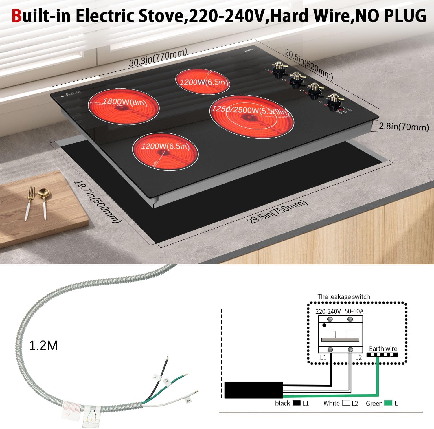 Karinear Electric Cooktop 30 Inch, 4 Burners Electric Stove Top, Built-in Radiant Cooktop with Expandable Burner, Knob Control, Safety Lock, Timer, 6700W 220~240V Hard Wired(No Plug)