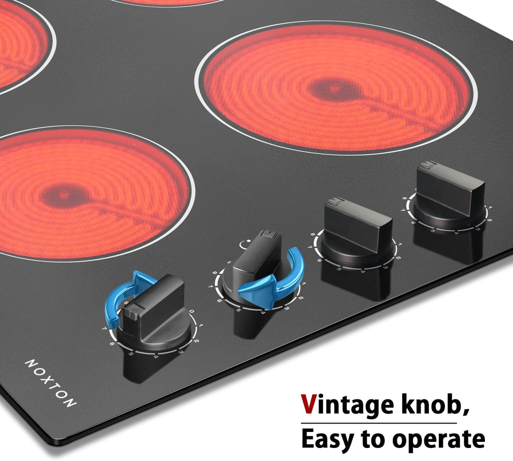 Noxton 24 Inch Electric Cooktop 4 Burners Electric Stove Top, Built-in 24' Radiant Ceramic Cooktop with Knob Control, Hot Surface Indicator, 220-240v,6000W, No Plug, Hard Wire