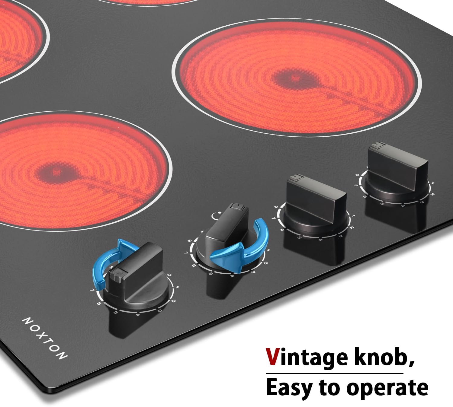 Noxton 24 Inch Electric Cooktop 4 Burners Electric Stove Top, Built-in 24' Radiant Ceramic Cooktop with Knob Control, Hot Surface Indicator, 220-240v,6000W, No Plug, Hard Wire
