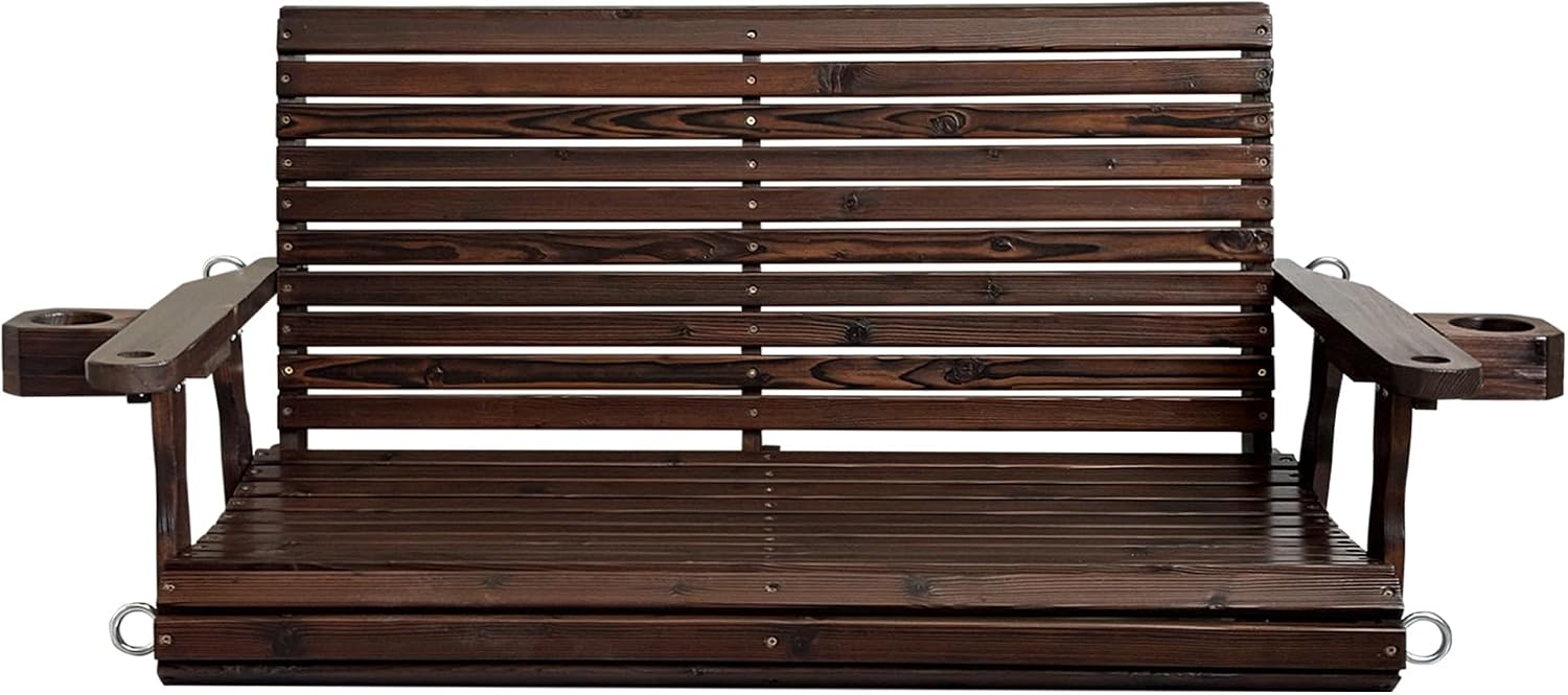 Wooden Porch Swing 2-Seater, High Backrest and Deep Seat, Bench Swing with Cupholders, Hanging Chains and 7mm Springs, Heavy Duty 880 LBS, for Outdoor Patio Garden (Deep Brown, 4.5 feet Extra-Large)