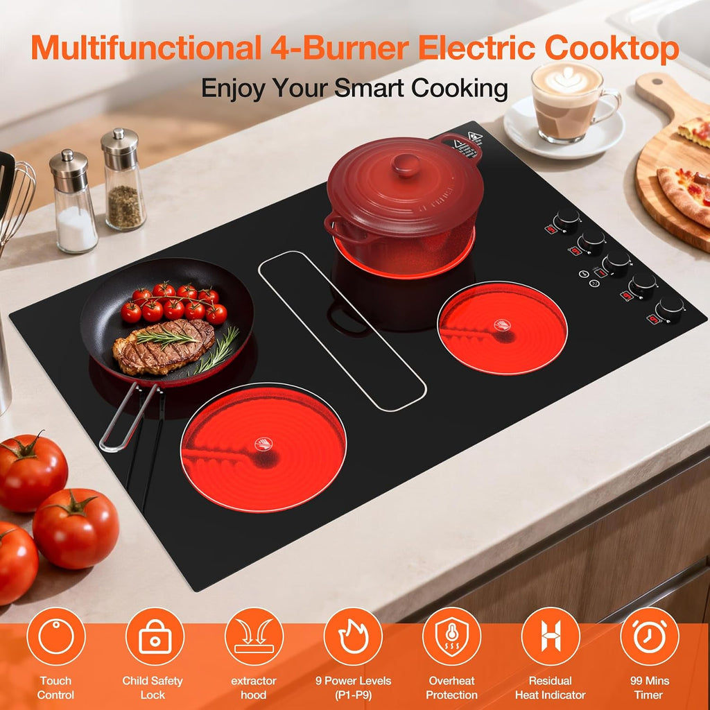30' Electric Cooktop with Downdraft – 4 Burner 6000W Built-in Electric Stove, BBQ Bridge Burner, Timer, Safety Lock, Recirculating Vent (220V-240V)