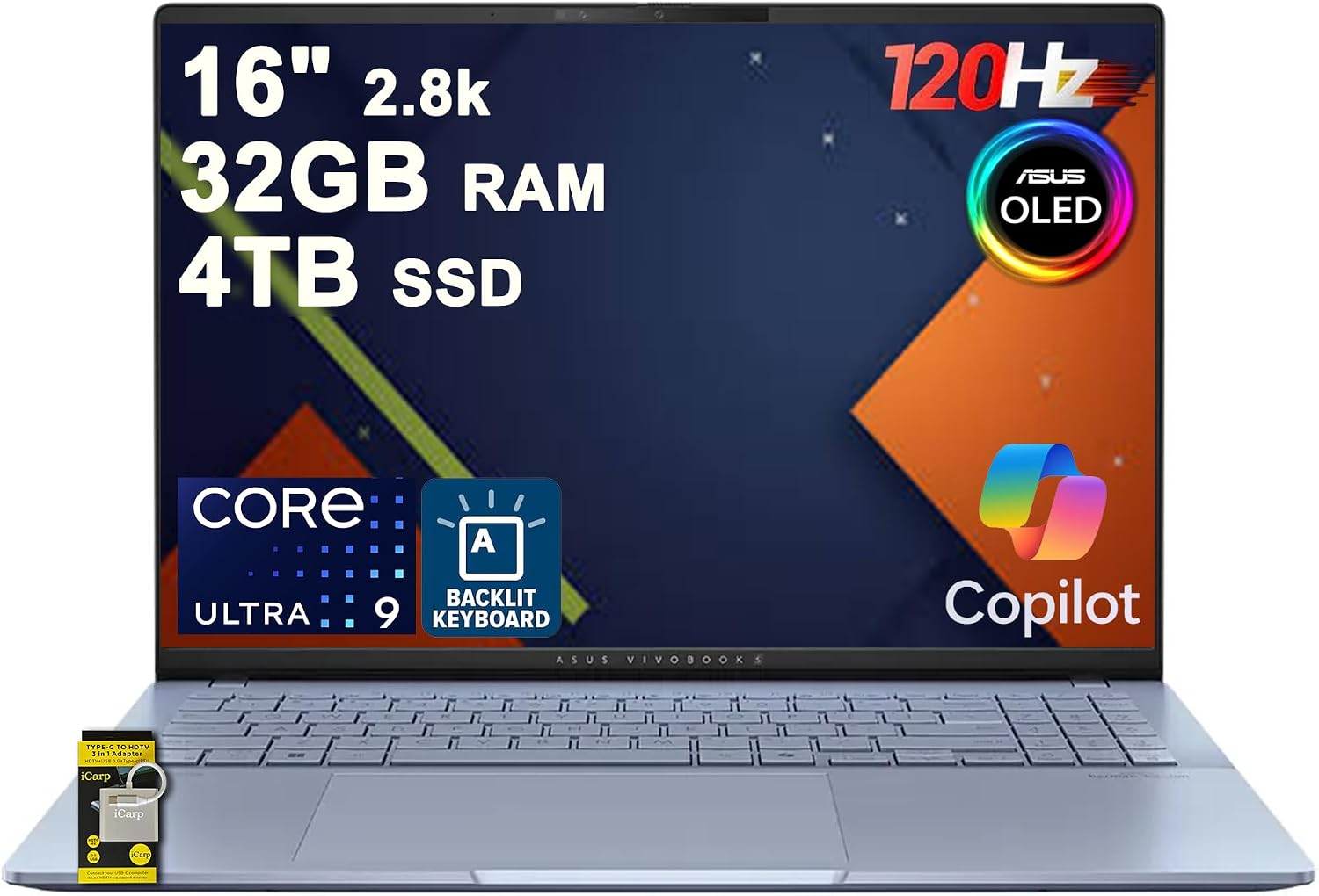 ASUS Vivobook S16 AI PC Laptop 16' 2.8k OLED 120Hz (600nits HDR, 100% DCI-P3) Intel 16-core Ultra 9 285H 32GB DDR5 4TB SSD Backlit for Creator Business Professional Work Win11 ICP Hub