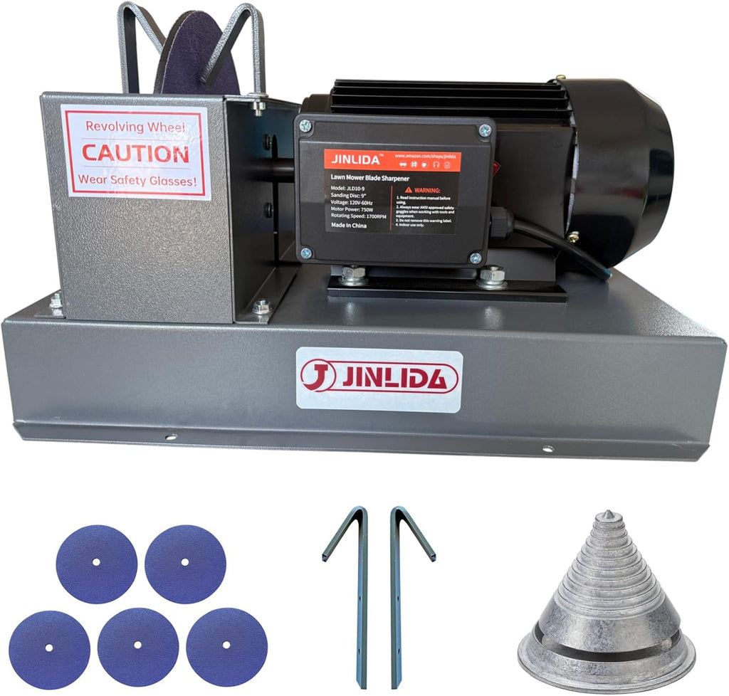JLD10-9 Lawn Mower Blade Sharpener, 1HP 750W Lawn Lawnmower Blade Grinder with 9-inch Ceramic Grinding Wheel and Balancer and 5 Sanding Discs