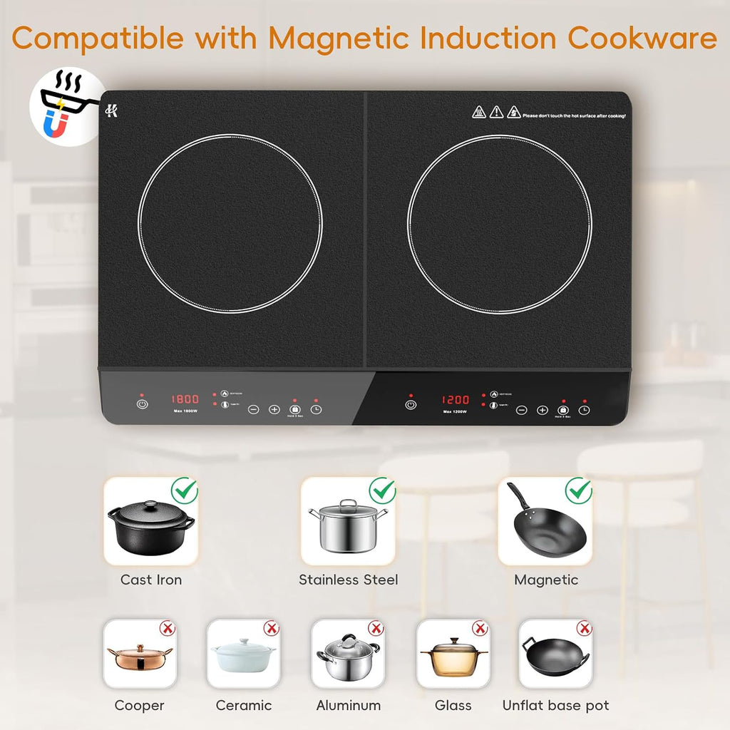 Double Induction Cooktop, 1800W Portable Induction Cooktop 2 Burner Independent Touch Control, Ceramic Electric Stove with 9 Temperature and Power Level, Safety Lock, 3 Hour Timer - Black