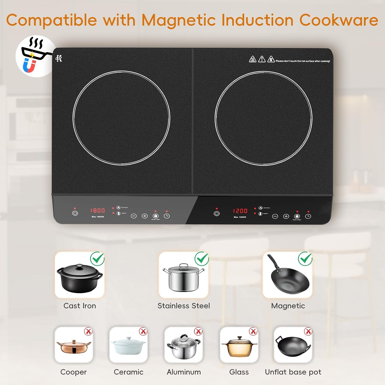 Double Induction Cooktop, 1800W Portable Induction Cooktop 2 Burner Independent Touch Control, Ceramic Electric Stove with 9 Temperature and Power Level, Safety Lock, 3 Hour Timer - Black
