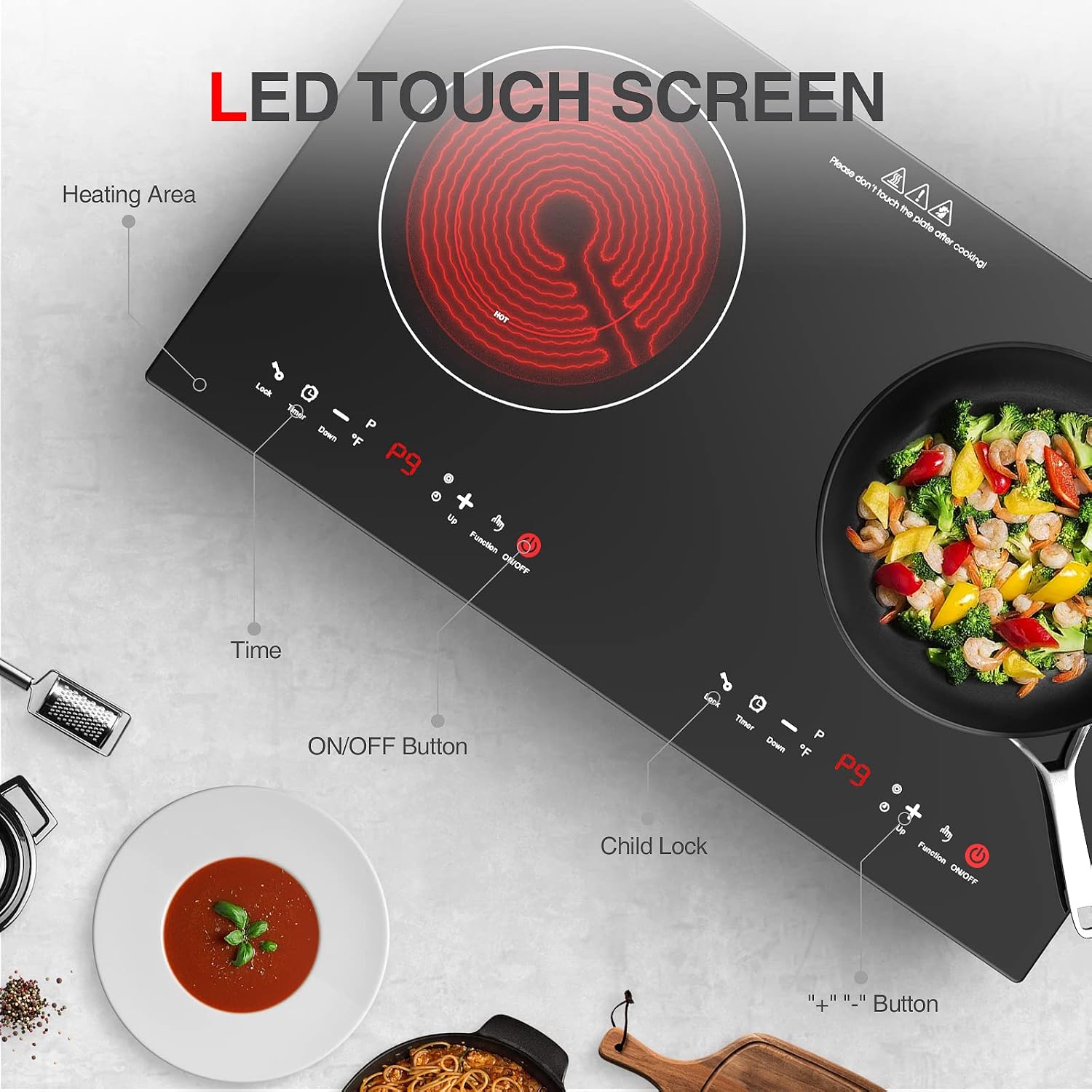 3000w Electric Cooktop, 24' Electric Stove 2 Burner Hot Plate Built-in Double Burner Cooktop with LED Touch Screen,9 Heating 9 Temperature,Kids Lock & Timer,Suitable for all Pans