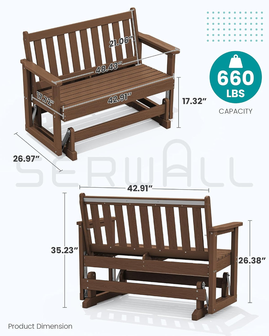 SERWALL 2 Person Patio Glider Rocking Chair, HDPE Material Weather-Resistant Swinging Bench for Outdoor Porch Garden, Brown