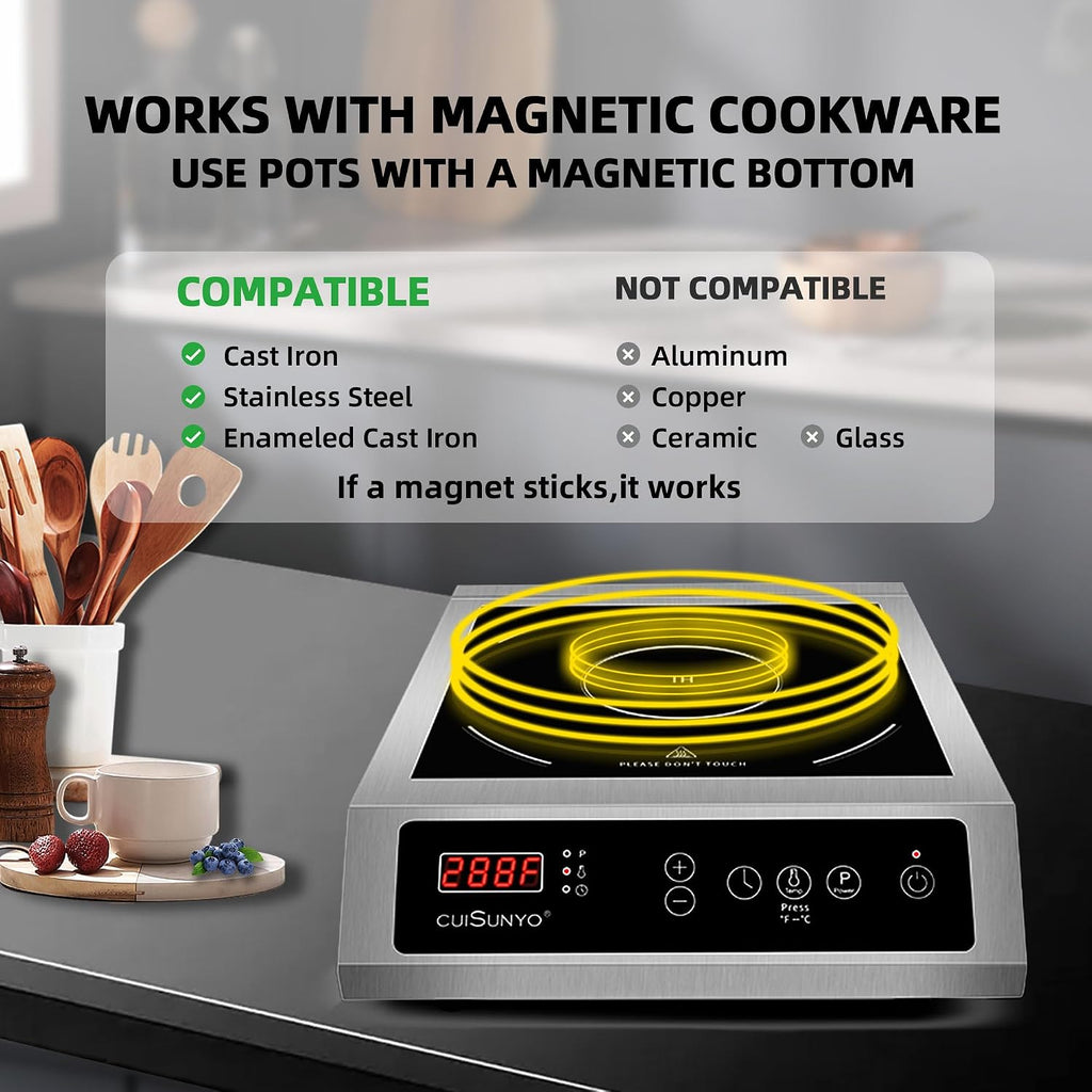Commercial 3500W Induction Cooktop, Portable 240V Countertop Burner with 10 Power Levels, 12 Timer Settings, 140-465°F Temperature Control, LCD Display, Stainless Steel Housing