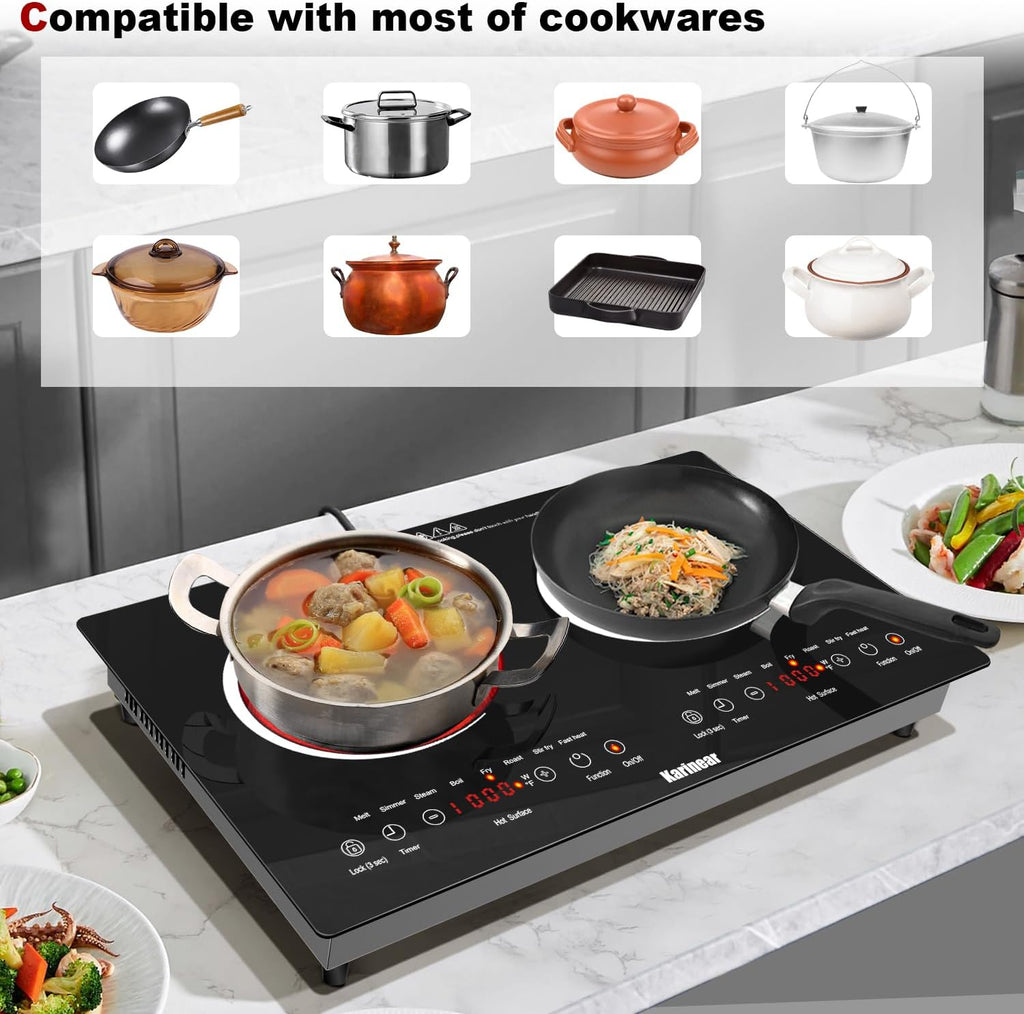 Karinear 2 Burners Electric Cooktop 24 Inch, 110v~120v Countertop and Built-in Elecric Stove Top, Portable Electric Radiant with Outlet Plug, Sensor Touch, Child Safety Lock, Timer(white)