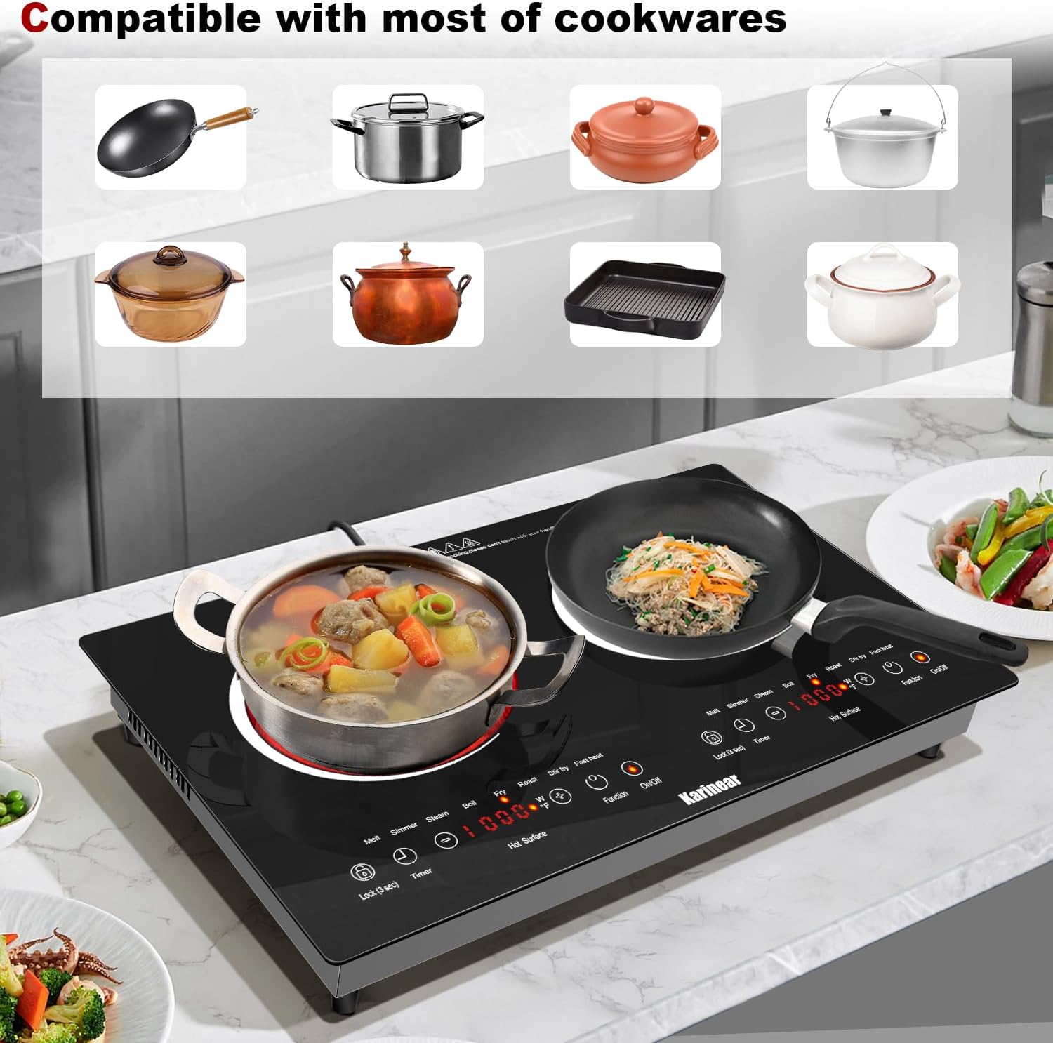 Karinear 2 Burners Electric Cooktop 24 Inch, 110v~120v Countertop and Built-in Elecric Stove Top, Portable Electric Radiant with Outlet Plug, Sensor Touch, Child Safety Lock, Timer(white)