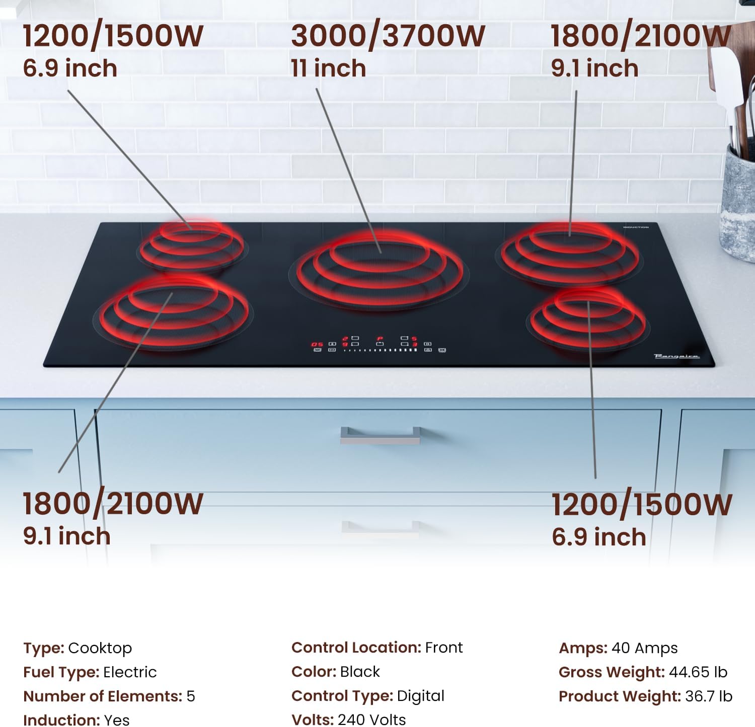 Rangaire RCI361S 36' Induction Cooktop, 10900W, 5 Burners, Built-in Stove Top, Booster & Timer, 9 Power Levels, Slide Touch Control, Child Safety Lock, 240V Hard Wire, Ceramic Surface