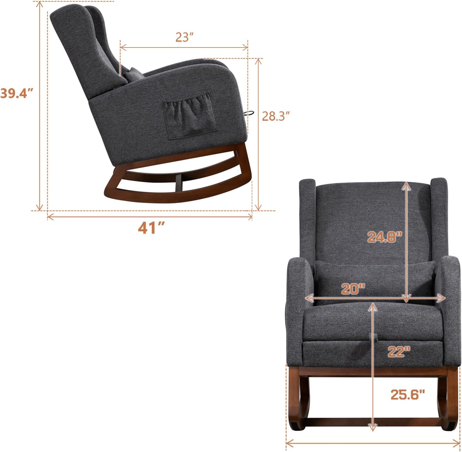 Modern Rocking Chair Nursery Glider, Comfy Rocker Nursery Chair with Foot Rest, Accent Reading Armchair with Pillow and Pocket, Upholstered Lounge Rocker with Solid Wood Base for Relaxing (Charcoal)