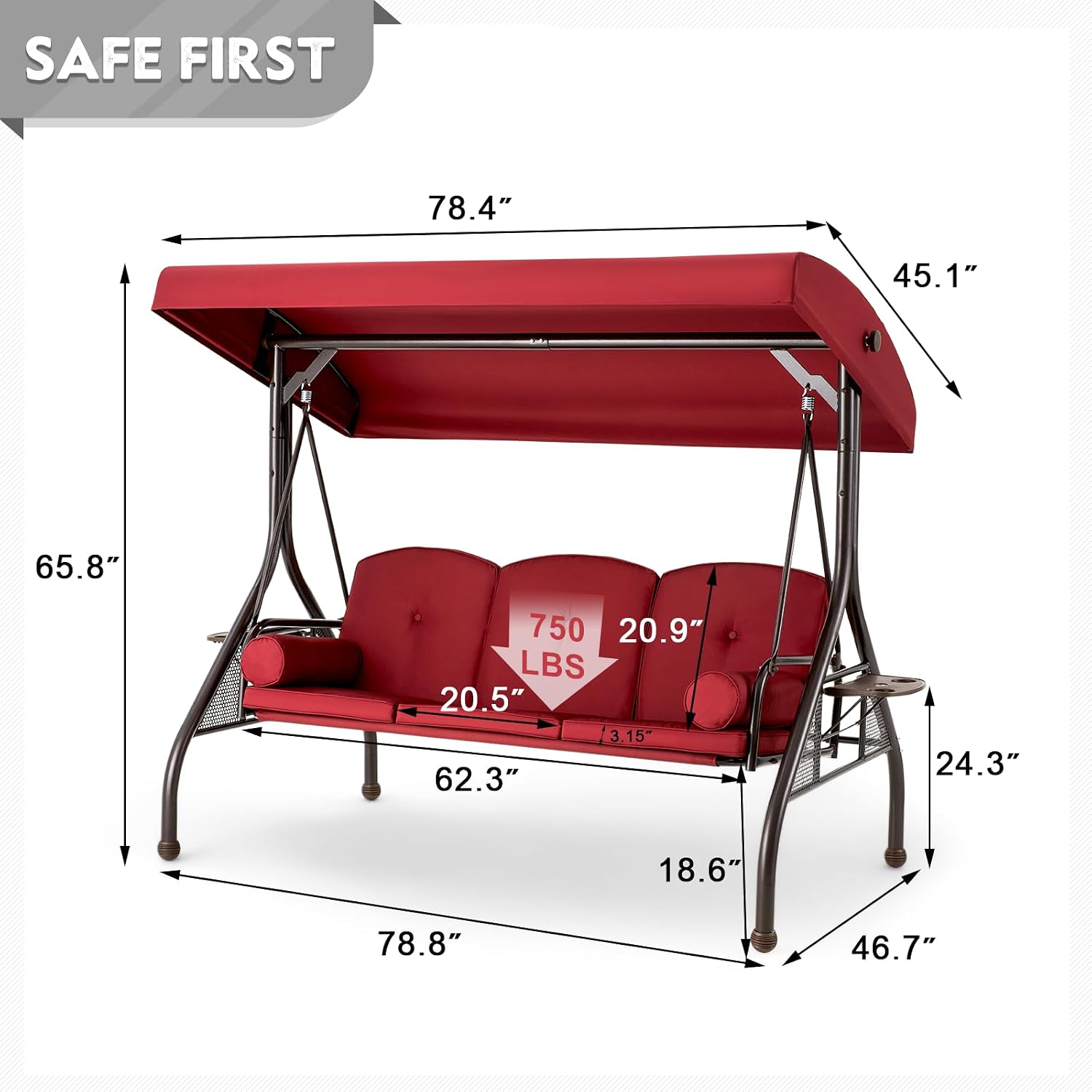 HOMREST 3 Seat Outdoor Porch Swing with Adjustable Canopy, Convertible Patio Swing Bed with Stand, Patio Glider Swing with Upgraded Cup Holder, Thicken Cushions ＆ Pillow for Backyard(Wine Red)