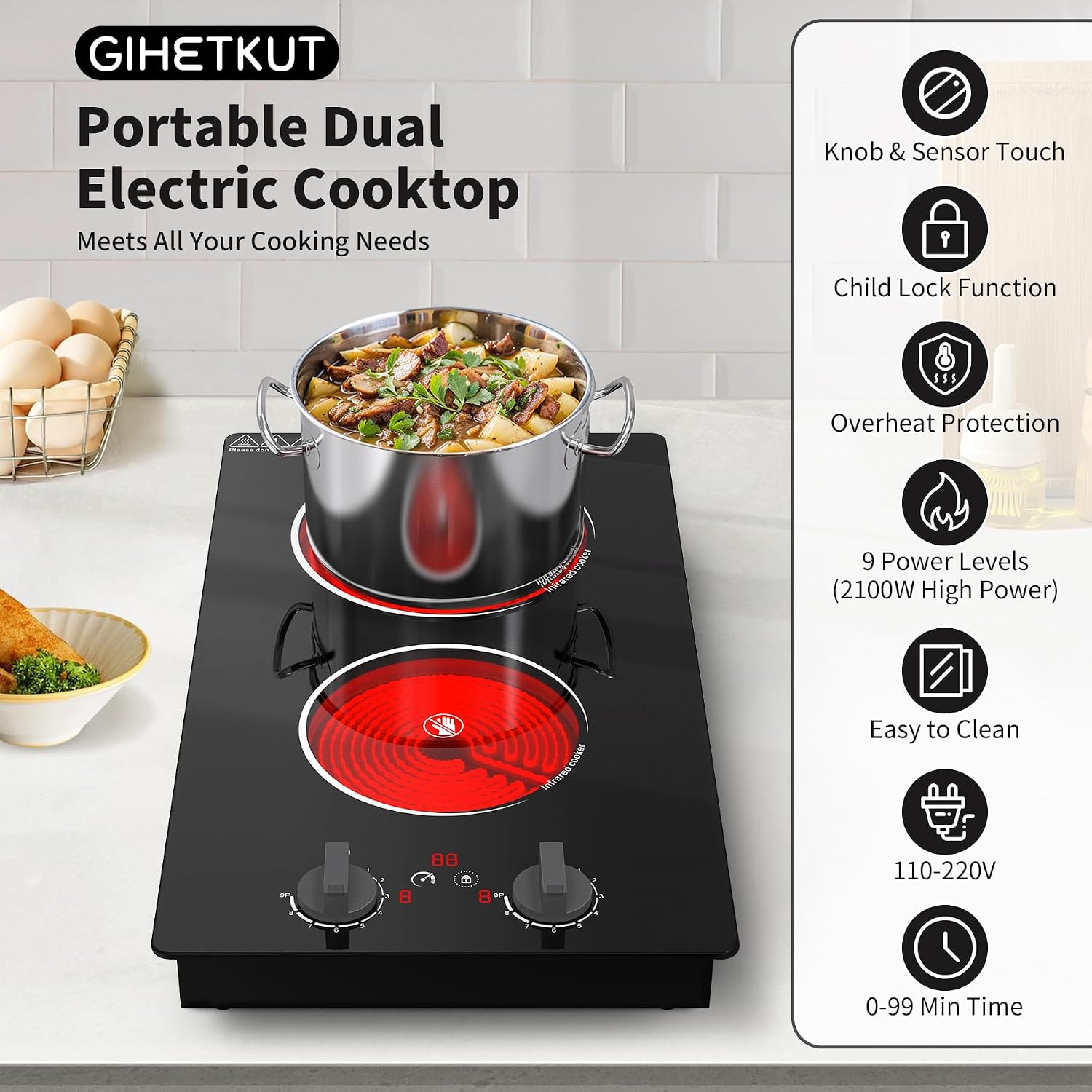 GIHETKUT Electric Cooktop,110V 2100W Stove top,Countertop and Built-in 2 burner cooktop,9-speed power, child safety lock, timer, knob and touch control 2 burner Electric cooktop