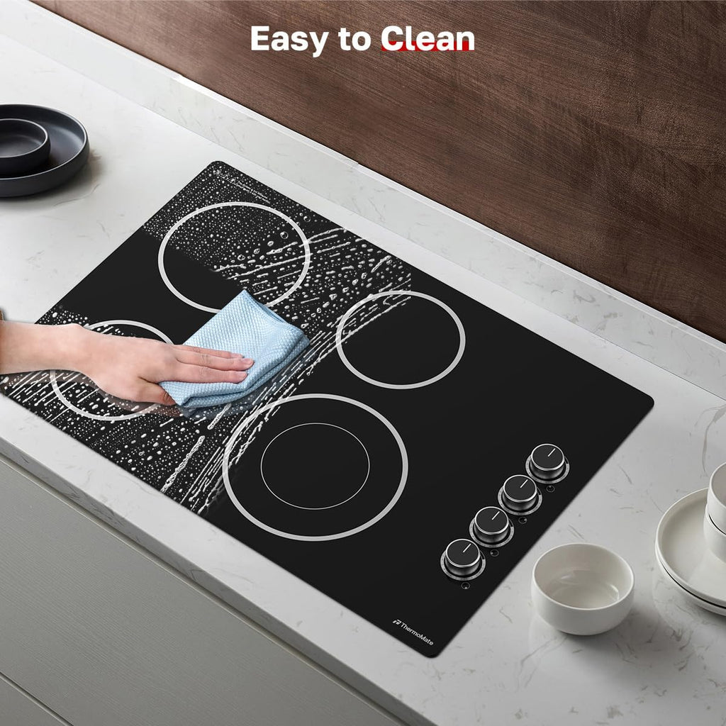 ThermoMate 30 Inch Electric Cooktop, 4 Burners Knob Control Built-in Ceramic Cooktop, 30' Radiant Electric Stove Top of 6700W with 9 Heat Levels, Hot Surface Indicator, 220-240v, Hard Wired